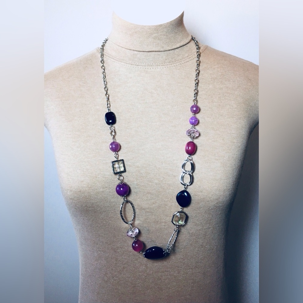 Vintage Pink And Purple Bead Silver Tone Chain Necklace 36.5 Inches
